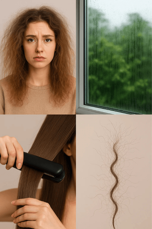 Mulher com frizz no cabelo, tempo úmido e chapinha; representação visual das causas e soluções para o frizz capilar