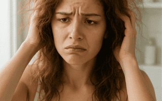 Mulher se olhando no espelho com expressão de frustração e cabelo arrepiado com frizz visível