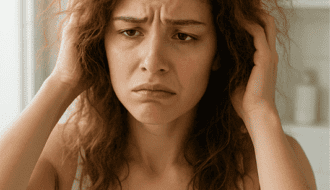 Mulher se olhando no espelho com expressão de frustração e cabelo arrepiado com frizz visível