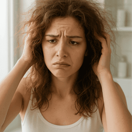 Mulher se olhando no espelho com expressão de frustração e cabelo arrepiado com frizz visível