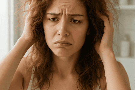 Mulher se olhando no espelho com expressão de frustração e cabelo arrepiado com frizz visível