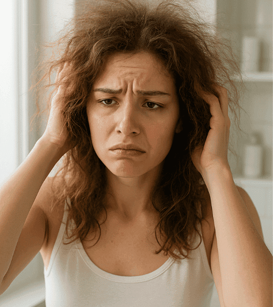 Mulher se olhando no espelho com expressão de frustração e cabelo arrepiado com frizz visível