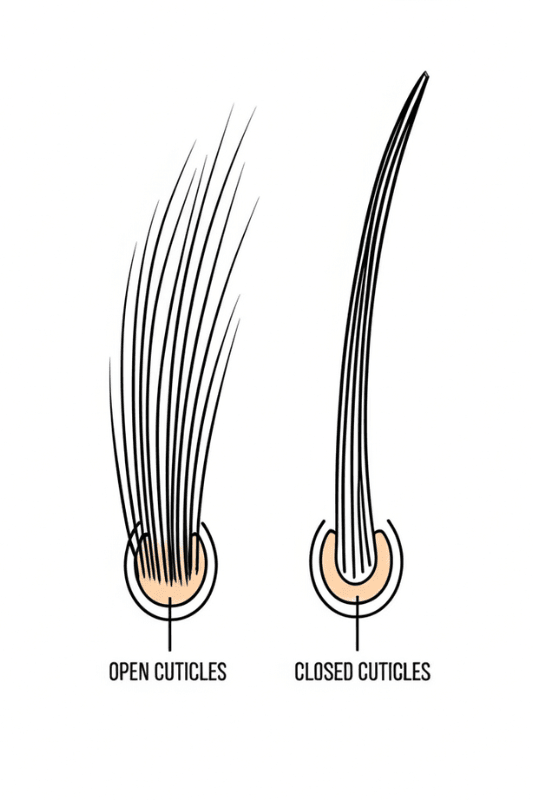 Ilustração comparativa de fios de cabelo com cutículas abertas e cutículas fechadas, explicando a origem do frizz.
