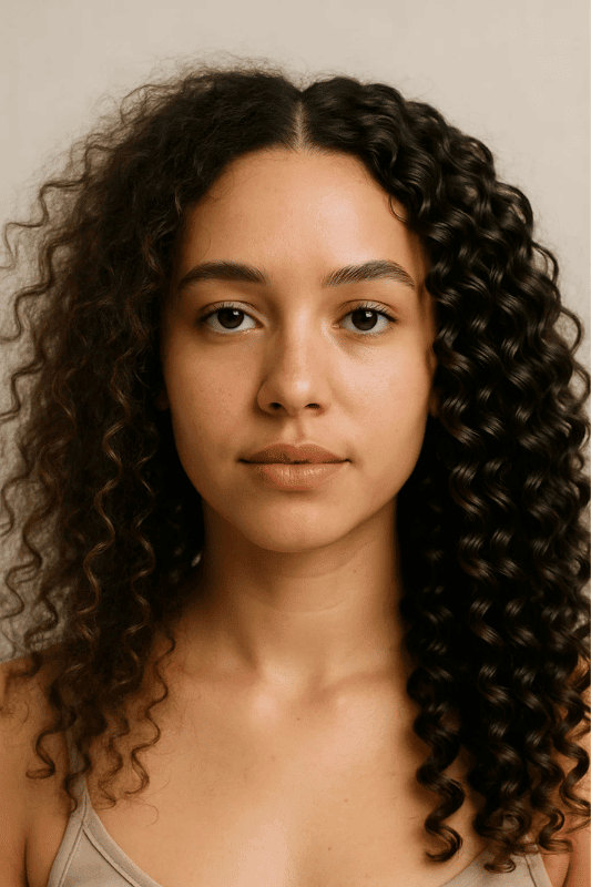 Antes e depois do frizz em cabelos cacheados; lado esquerdo com frizz visível e lado direito com cachos definidos e hidratados